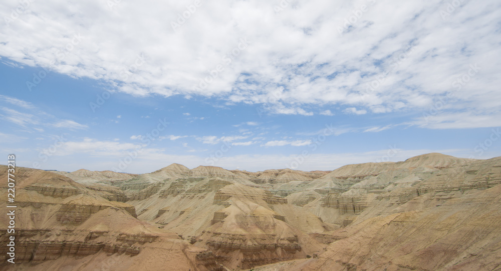 summer sunny panorama of the valley of desert mountains, Kazakhstan, Altyn-Emel National Park