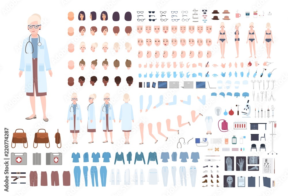 Female doctor, therapist or surgeon DIY kit. Bundle of woman's body parts, uniform, medical tools and equipment isolated on white background. Front, side and back views. Cartoon vector illustration. Female doctor, therapist or surgeon DIY kit. Bundle of woman's body parts, uniform, medical tools and equipment isolated on white background. Front, side and back views. Cartoon vector illustration.