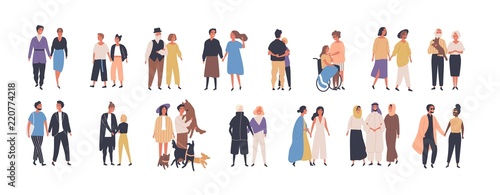 Collection of different types of romantic relationships and marriage - polygyny, interracial, lgbt and elderly couples isolated on white background. Love diversity. Flat cartoon vector illustration.