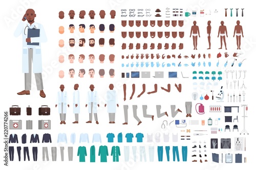 African American male doctor or physician constructor set or DIY kit. Bundle of body parts in different poses, uniform isolated on white background. Front, side and back views. Vector illustration.