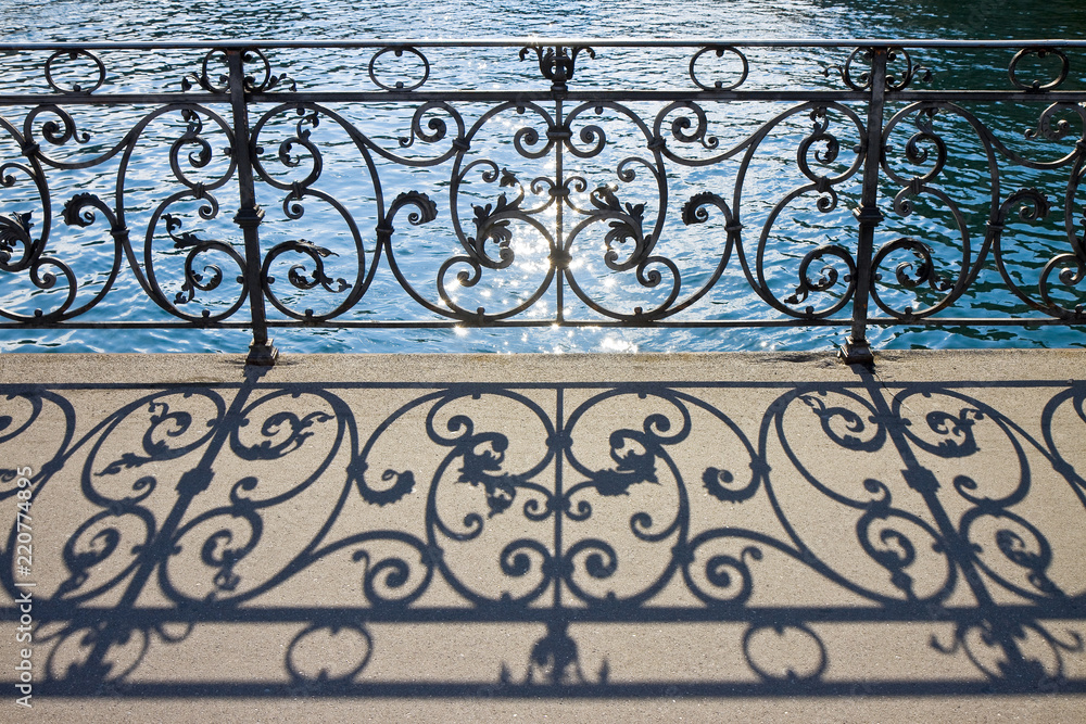 Old wrought iron railing on a walkway in Lucerne (Switzerland) - image with copy space