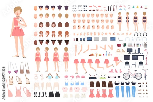 Cute young girl DIY or constructor kit. Bundle of body parts in different postures, facial expressions, girlish clothes and accessories isolated on white background. Flat cartoon vector illustration.