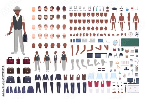 African American school art teacher creation set. Collection of male body parts in different poses, clothes isolated on white background. Front, side, back views. Flat cartoon vector illustration.