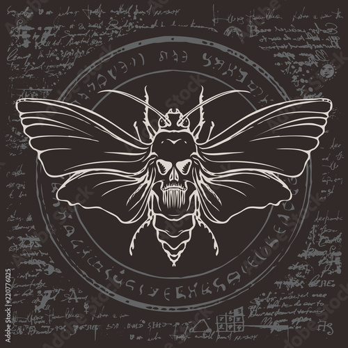 Illustration of a butterfly Dead head with skull-shaped pattern on the thorax on an abstract background of old manuscript with circle, magical inscriptions and symbols. Vector banner in retro style