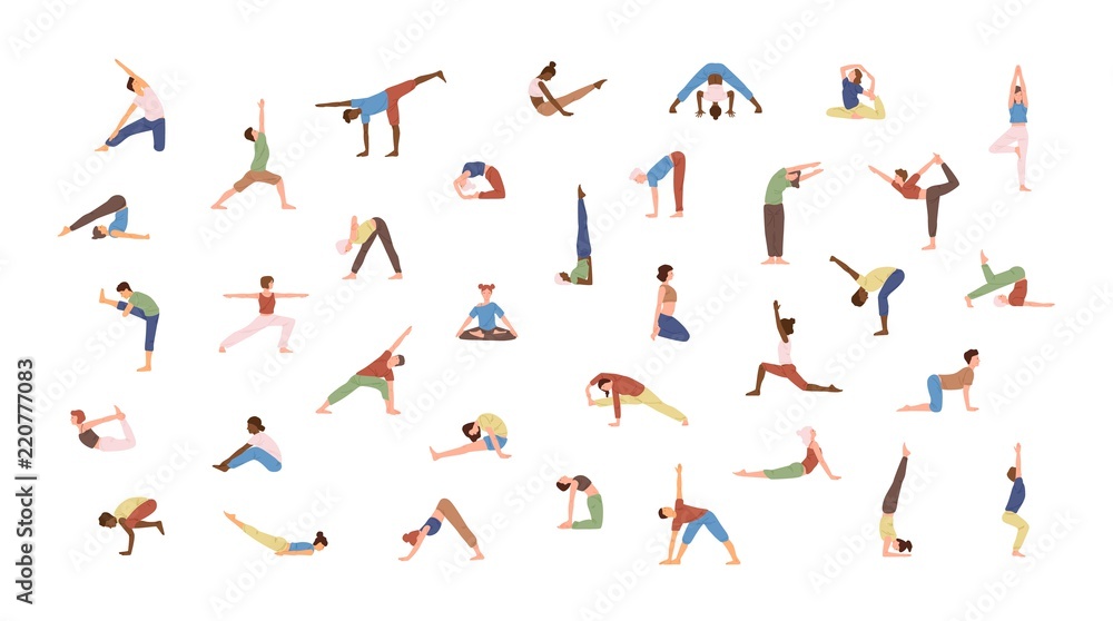 Crowd of tiny people performing yoga exercises. Men and women practicing Asana isolated on white background. Spiritual practice and physical activity. Flat cartoon colored vector illustration.