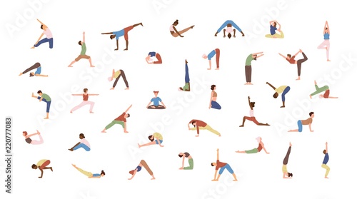 Crowd of tiny people performing yoga exercises. Men and women practicing Asana isolated on white background. Spiritual practice and physical activity. Flat cartoon colored vector illustration.