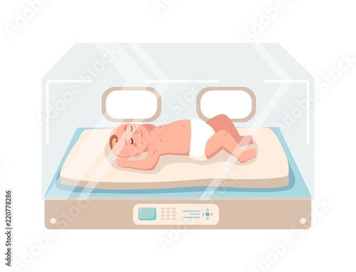 Newborn infant lies inside neonatal intensive care unit isolated on white background. Premature child sleeping in glass incubator box. Baby nursery. Colorful vector illustration in flat cartoon style