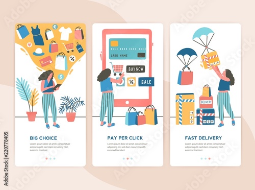 Bundle of vertical web banner templates with stages of online shopping - choice, payment, delivery. Set of scenes with woman buying goods in internet store. Colorful vector illustration in flat style.