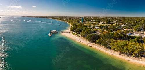 Aerial view of Bongaree Jetty on Bribie Island, Sunshine Coast, Australia