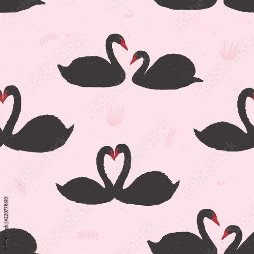 Seamless pattern with black swans floating in pond or lake among water plants...
