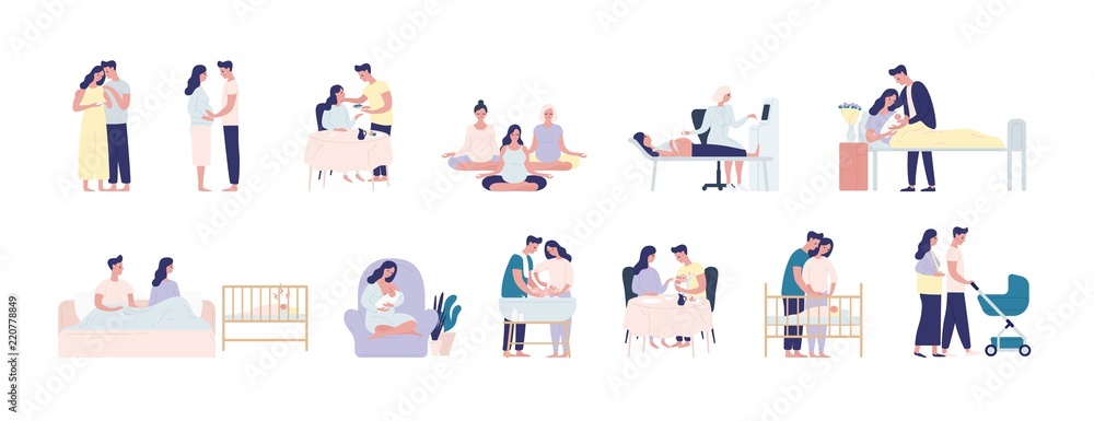 Collection of pregnancy and maternity scenes. Bundle of pregnant woman performing daily activities, visiting physician, caring with man for infant newborn baby. Flat cartoon vector illustration.