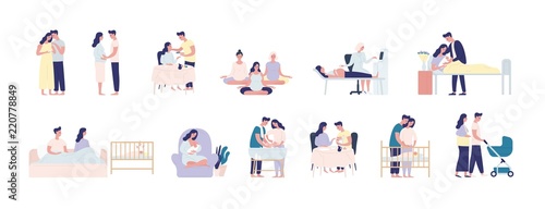 Collection of pregnancy and maternity scenes. Bundle of pregnant woman performing daily activities, visiting physician, caring with man for infant newborn baby. Flat cartoon vector illustration. photo