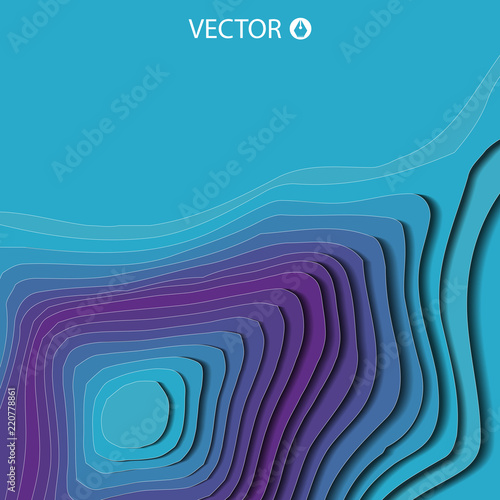 Art paper cut of topographic map. Pleasant colors of blue tone. Origami modern design. Vector illustration