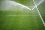 Rasensprenger Fußballfeld  / Die grüne Rasenfläche eines Fußballfeldes mit einer Bewässerungsanlage.