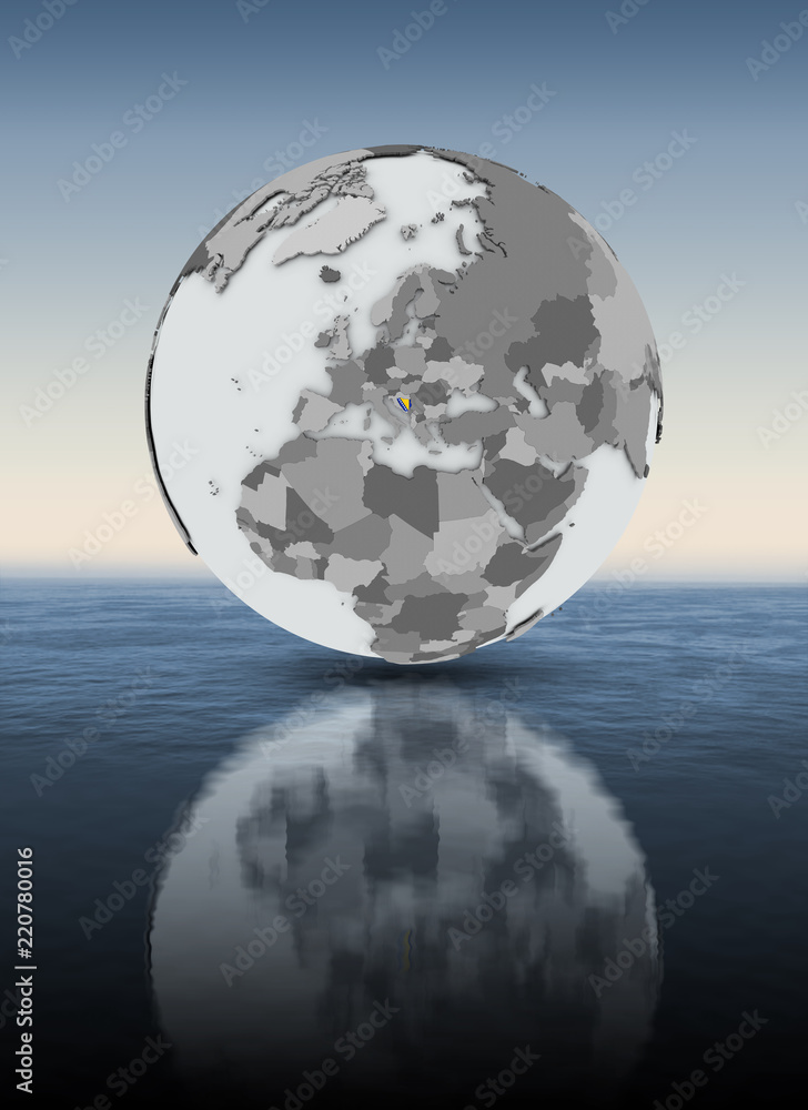 Bosnia and Herzegovina on globe above water Bosnia and Herzegovina on globe above water
