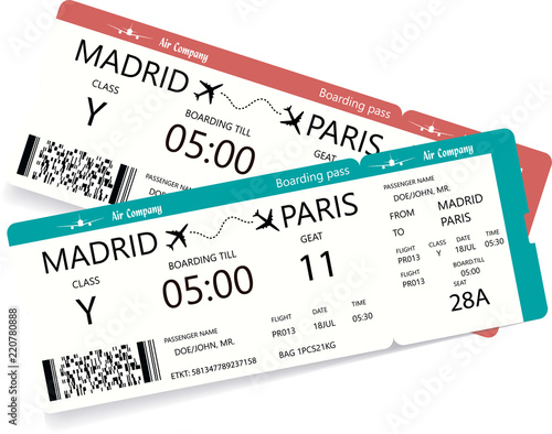 Two realistic boarding pass. Airline tickets for flight by airplane. Vector illustration