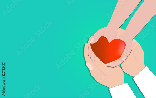 
Two pairs of hands (children's and adults) keep a red heart in their palms. Concept of health, medicine, care and support. Romantic background. 