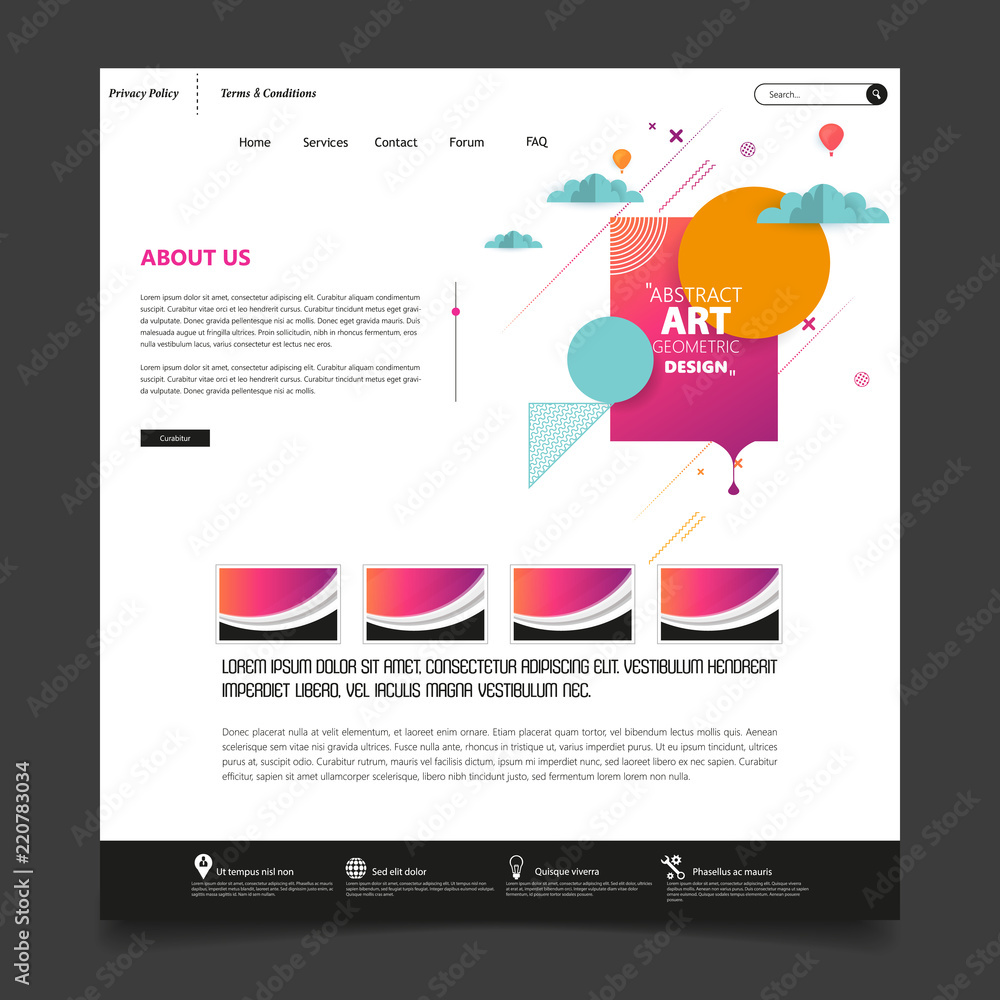 Abstract Geometric Trendy Website template, one page design, headers and interface elements.