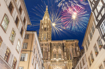 Amazing Firework above Notre dame de Strasbourg, Christmas Time in France
