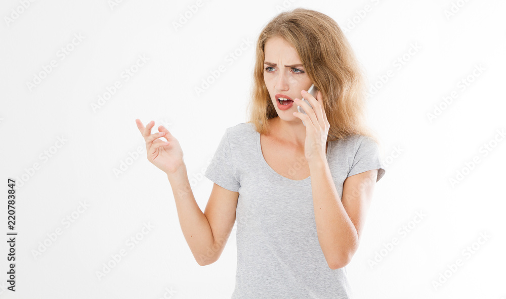 Angry dissatisfied woman calling customer support or mobile banking, displeased client complaining about bad service, arguing on phone. Girl having conflict during telephone conversation Angry dissatisfied woman calling customer support or mobile banking, displeased client complaining about bad service, arguing on phone. Girl having conflict during telephone conversation