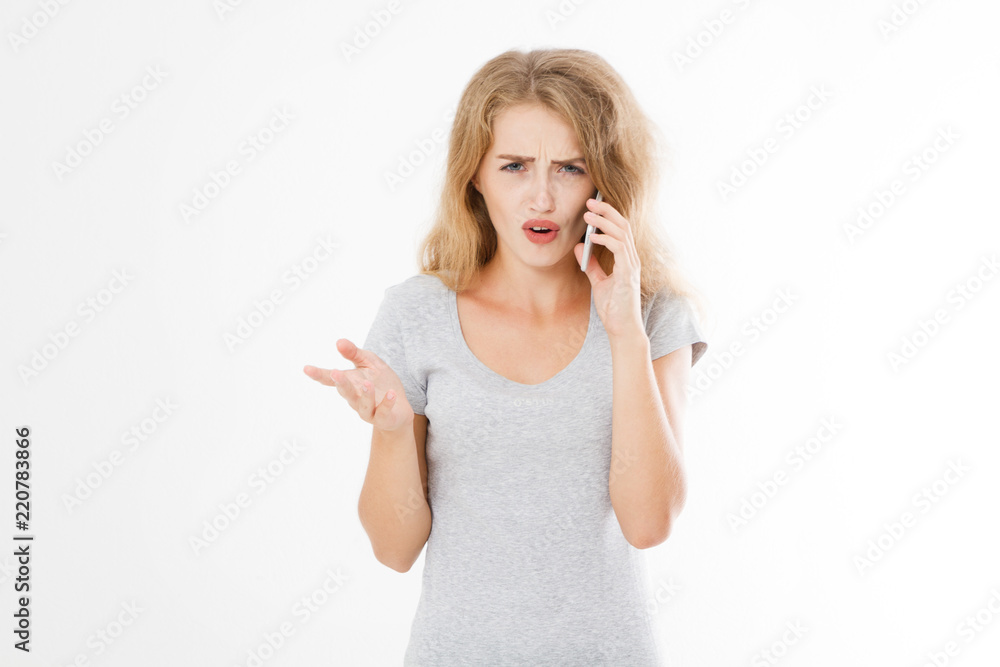 Angry dissatisfied woman talking to someone on the mobile phone, displeased client complaining about bad service, arguing on phone. Girl having conflict during telephone conversation Angry dissatisfied woman talking to someone on the mobile phone, displeased client complaining about bad service, arguing on phone. Girl having conflict during telephone conversation