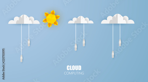Cloud computing conceptor symbol connect with network cable on blue background. photorealistic vector