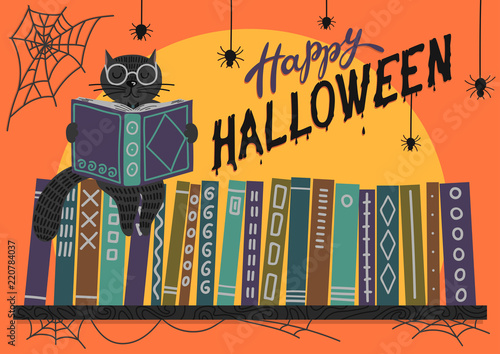 Happy Halloween. Black cat reading book on bookshelf on orange background with lettering. Vector illustration. Perfect greeting card, banner for libraries, bookstores and educational institutions .