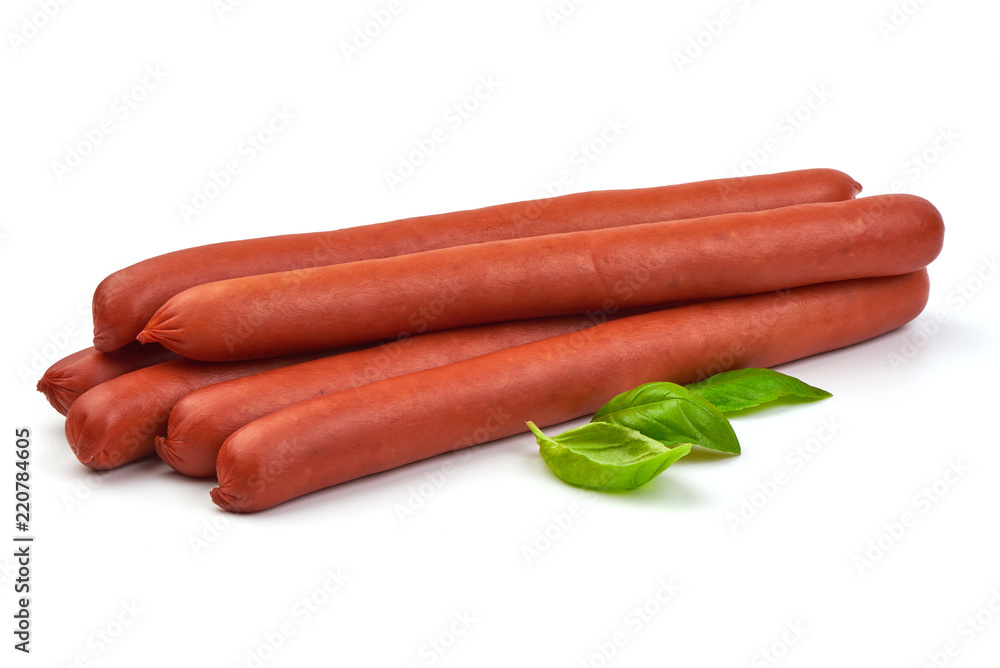 Hungarian smoked pork sausages with basil leaves, isolated on white background. Hungarian smoked pork sausages with basil leaves, isolated on white background.