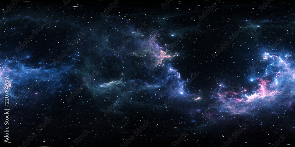 Obraz premium Panorama mgławicy w przestrzeni 360 stopni, projekcja w układzie prostokąta, mapa środowiska. Panorama sferyczna HDRI. Tło z mgławicy i gwiazd