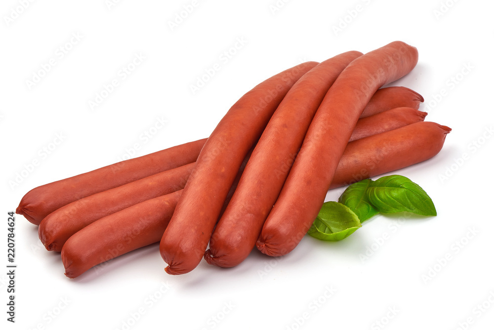 Hungarian smoked pork sausages with basil leaves, isolated on white background. Hungarian smoked pork sausages with basil leaves, isolated on white background.