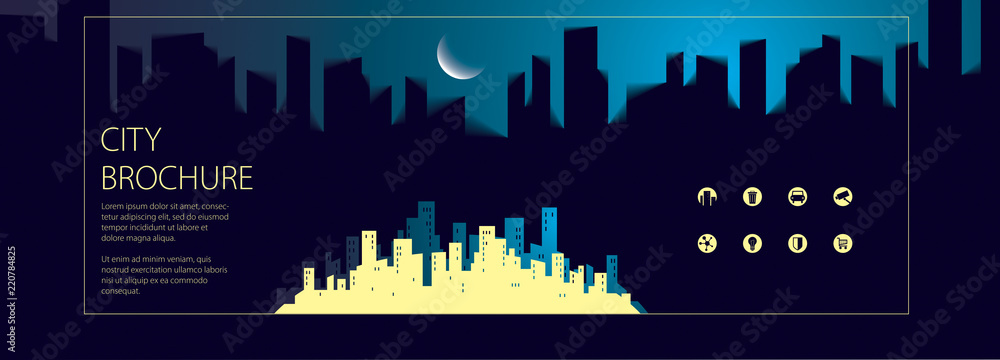 Night wide panorama simple minimalistic city skyline traveling tourist guide book. Brochure, flyer, cover, poster or guidebook template. Vector modern illustration.