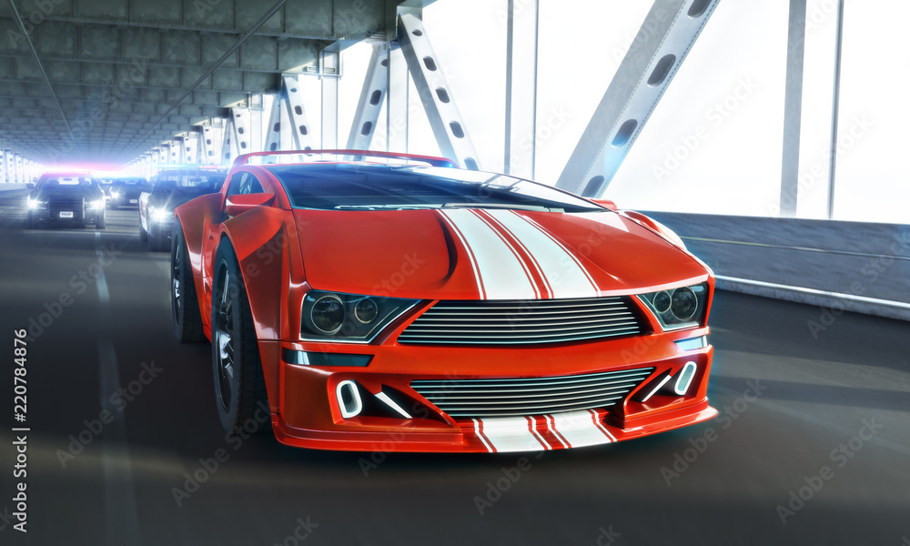 High speed police chase of a Generic exotic sports car over a long bridge. 3d rendering