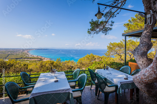 FORMENTERA, SPAIN - APRIL 04, 2014: View from restaurant at the hill on panorama of the island, Balearic Islands