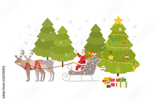 Happy Santa Claus sits in sleigh carried by reindeers and rides through snowy forest at Christmas eve to deliver gifts to children