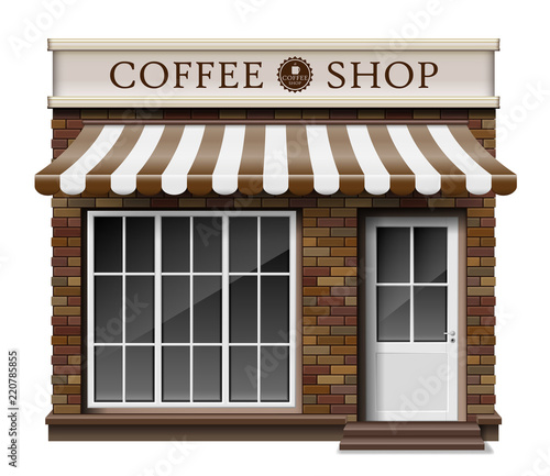 Exterior coffee boutique shop or cafe brick texture. Blank mockup of stylish realistic coffee street shop. Small 3d store front facade. vector illustration