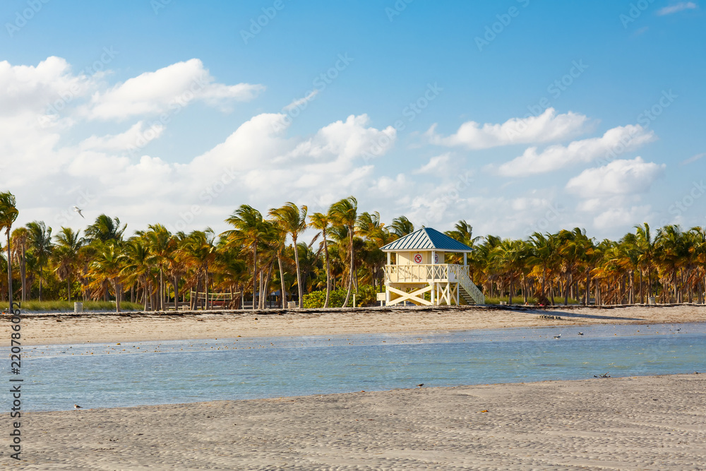 Beautiful Crandon Park Beach located in Key Biscayne in Miami, Florida, USA. Palms, white sand and security house