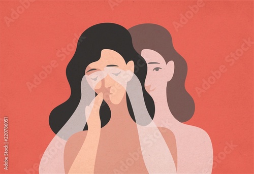 Sad young woman with lowered head and her ghostly twin standing behind and covering her eyes with hands. Concept of self-deception, reality denial, rationalization. Modern flat vector illustration.