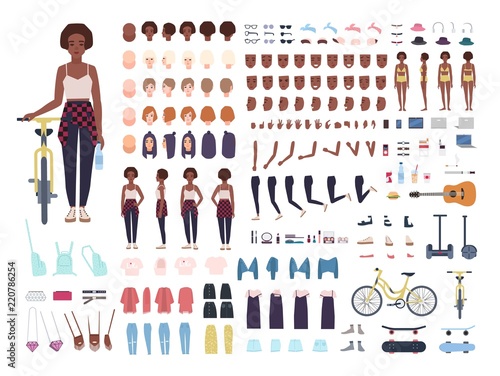 African American teenage girl animation kit or avatar. Bundle of teenager's body parts, postures, faces, haircuts, stylish clothes, gadgets isolated on white background. Cartoon vector illustration.