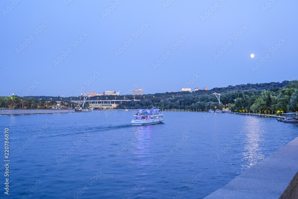 Moscow, Russia - August, 28, 2018: embankment of Moscow river at night
