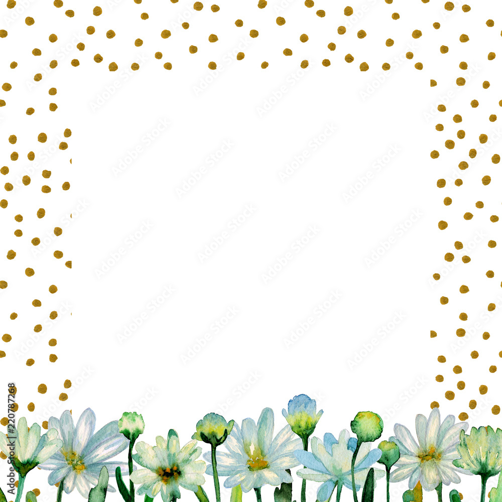 Obraz premium Floral watercolor background. Hand drawn chrysanthemum flowers, branches, leaves. Chrysanthemum Flower. Copy space for text, design card, wedding invitation, greeting, letter, poster, broadsheet, menu