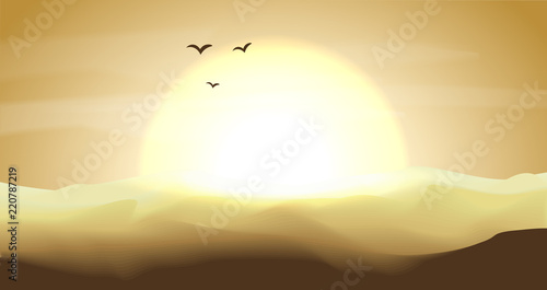 Hot yellow and orange empty desert panoramic landscape with dunes and sunset, sundown in gold yellow colors. Calm desert background, dune and hills. Game deserts scene with big sun, birds and clouds