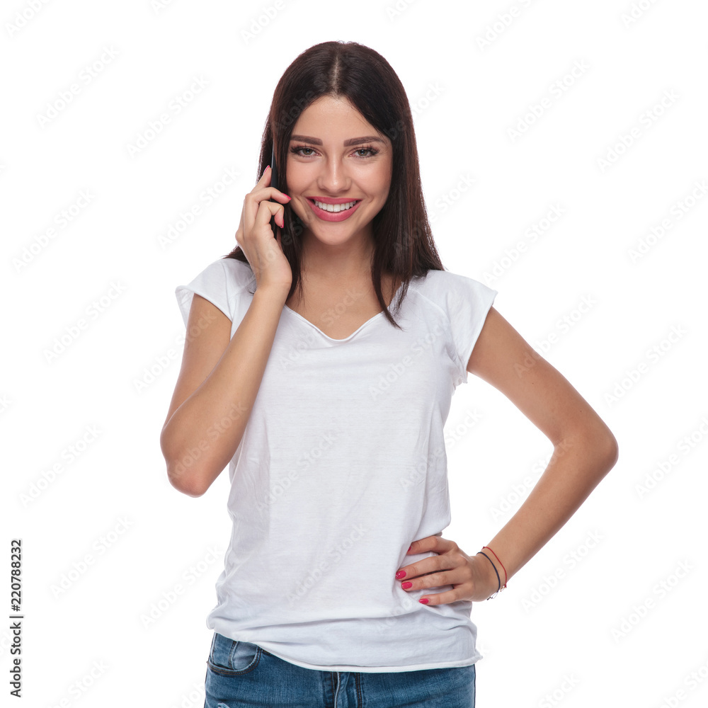 portrait of smiling casual woman talking on the phone portrait of smiling casual woman talking on the phone
