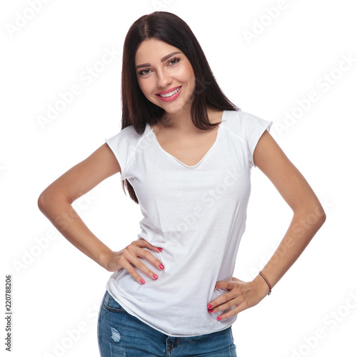 sexy casual woman wearing white t-shirt standing