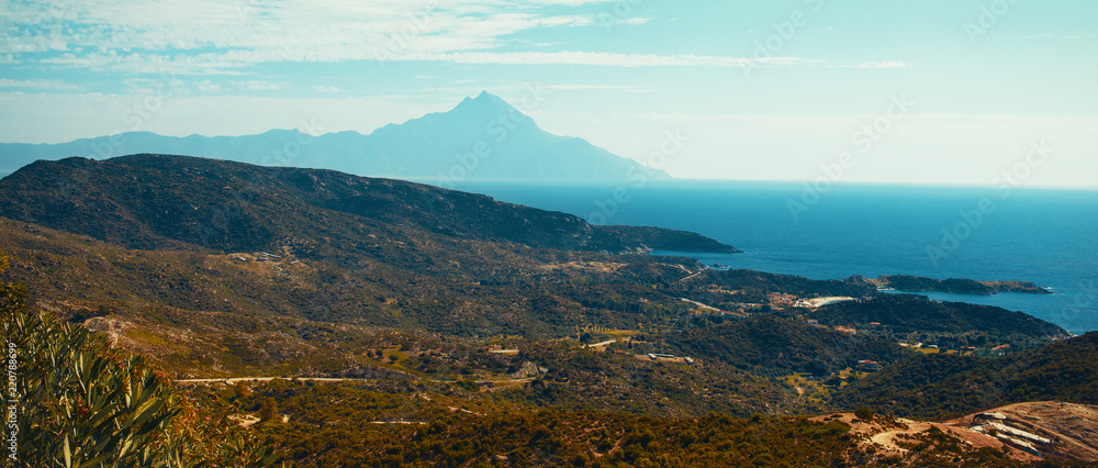 Mt Athos from Kalamatsi viewpoint Halkidiki, Greece, cinematic style