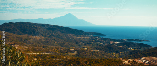 Mt Athos from Kalamatsi viewpoint Halkidiki, Greece, cinematic style © sakkmesterke