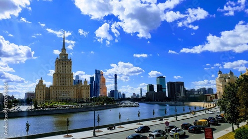 Russia, Moscow August 10, 2018. View of the Moscow River, the hotel "Ukraine" and the tower of Moscow City