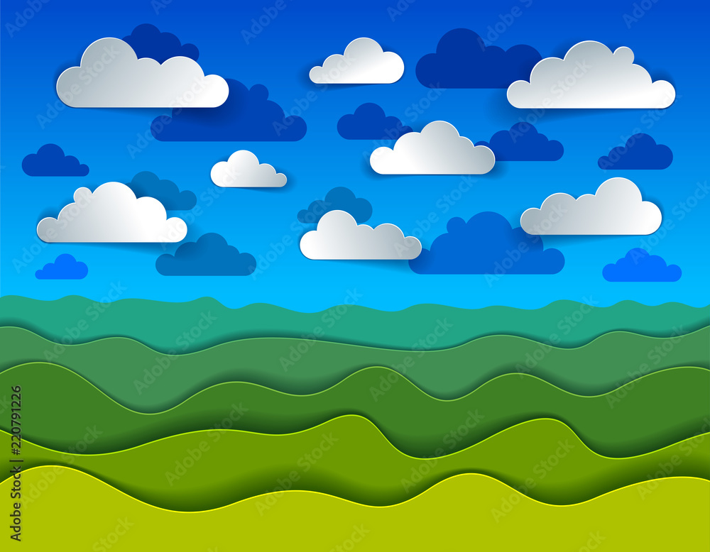Scenic nature landscape of green grass meadow and clouds in the sky cartoon paper cut modern style vector illustration.