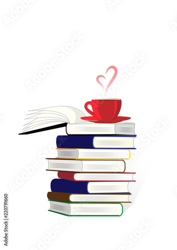 stack of books and a cup of coffe or tea on the top isolated on the white background, vertical vector illustration