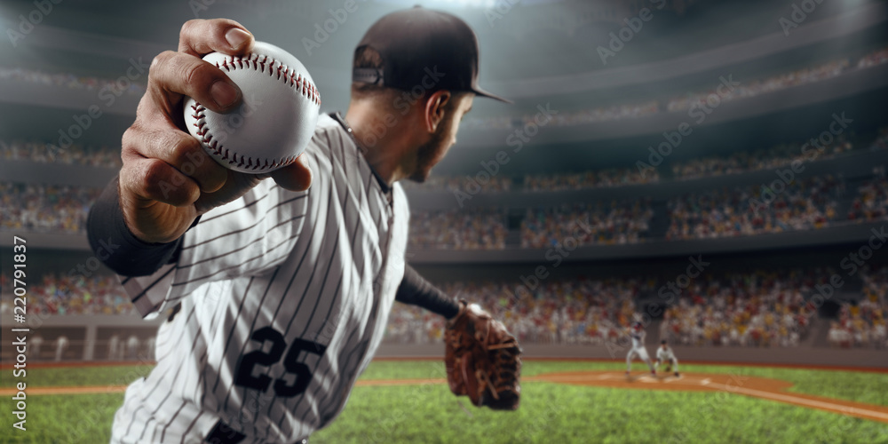 Fototapeta Gracz baseballa rzuca piłkę na profesjonalnym stadionie baseballowym