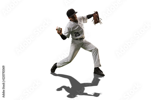 Isolated Baseball player throws the ball on white background
